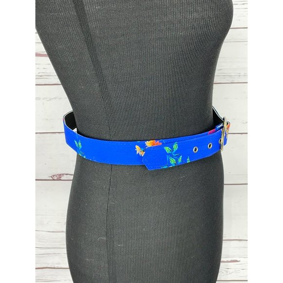 Blue Floral Print Oval Silver Buckle Style Women’s Belt‎ Art Deco Oriental - Picture 7 of 9